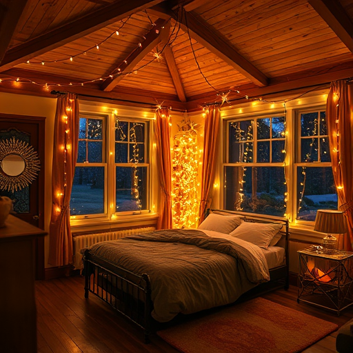 a bedroom with fairy lights
