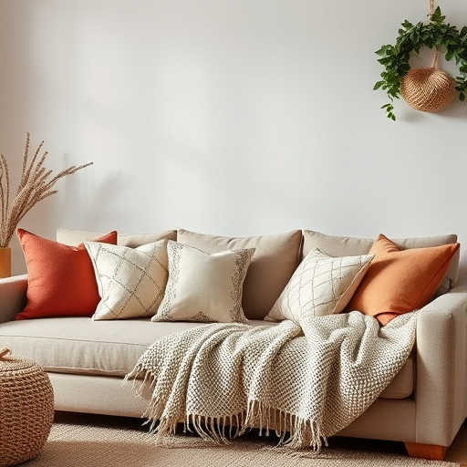 a cozy living room with throw pillows and a blanket